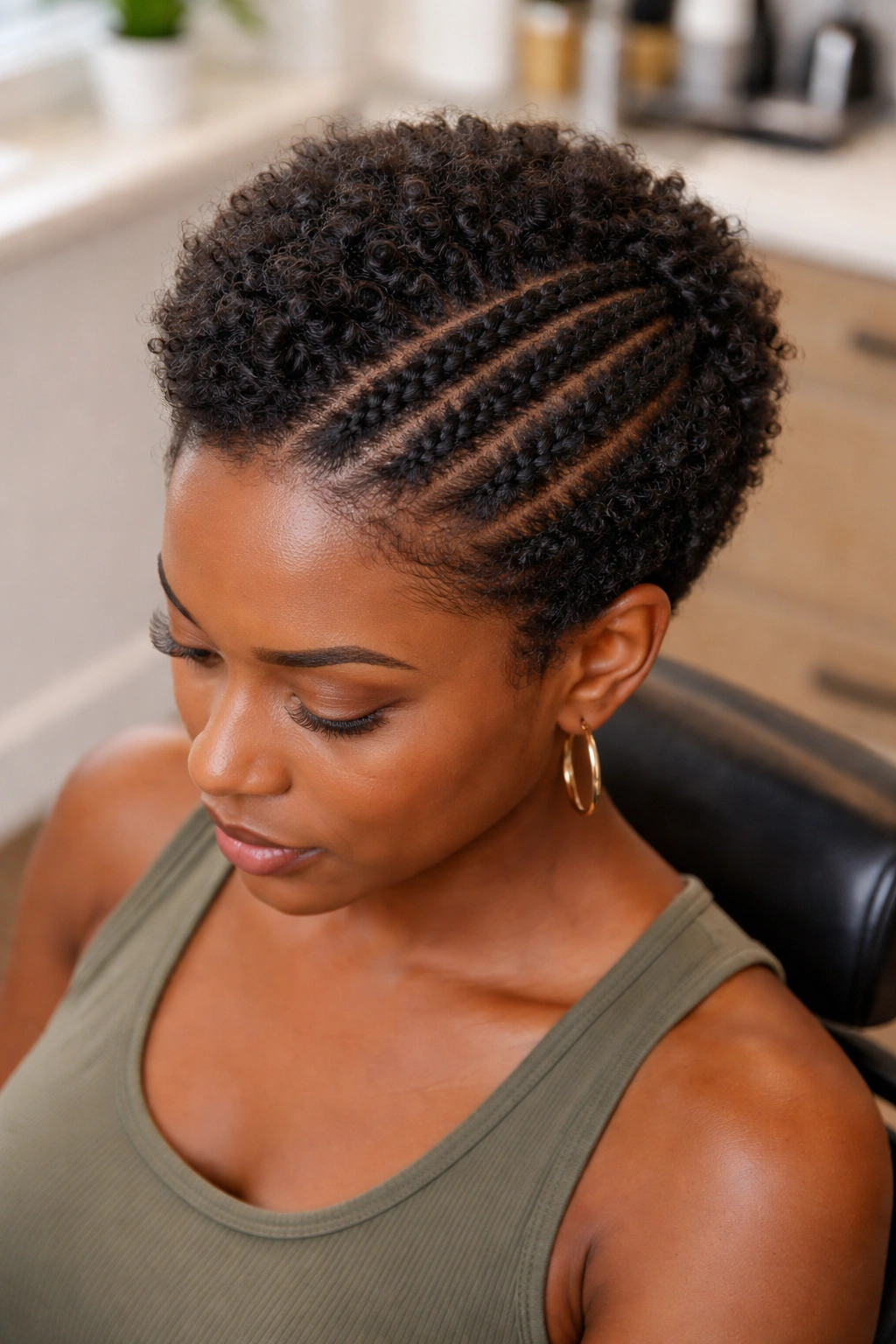 Real woman with flat twist crown Afro top view portrait