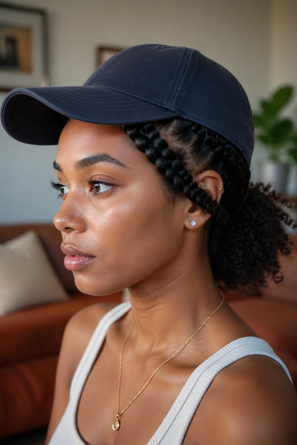 Close-up portrait of a real person with flat twists under a cap