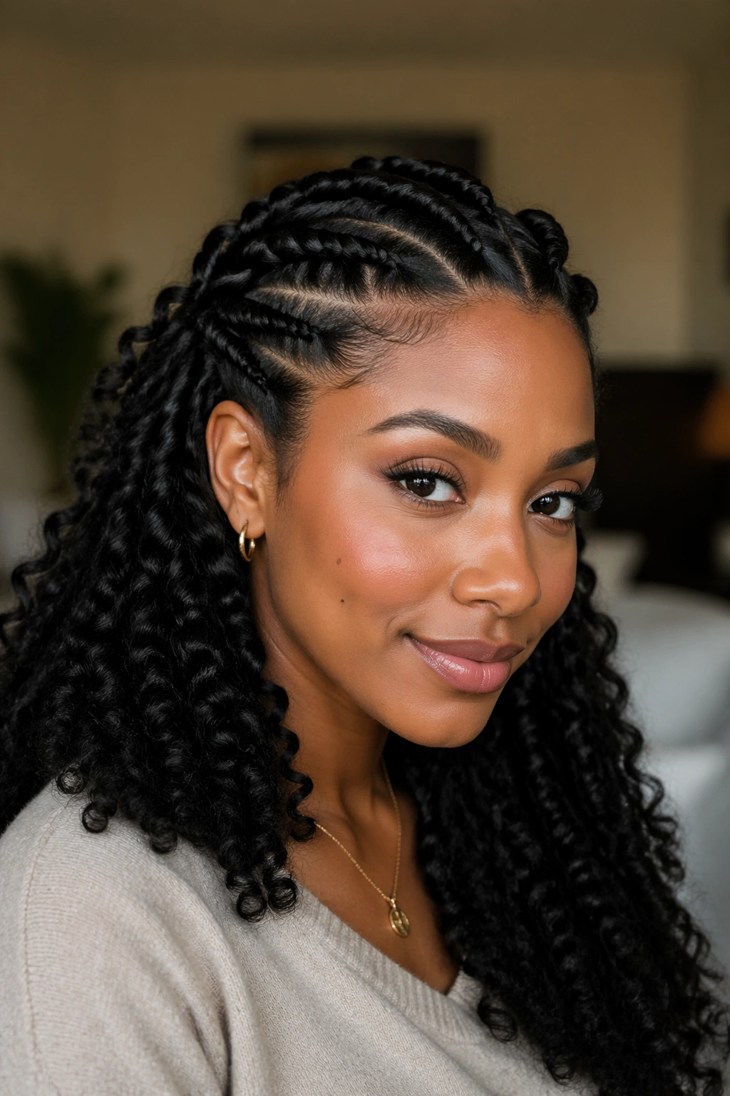 Close-up of a real woman wearing a flat-twist crown hairstyle around the hairline