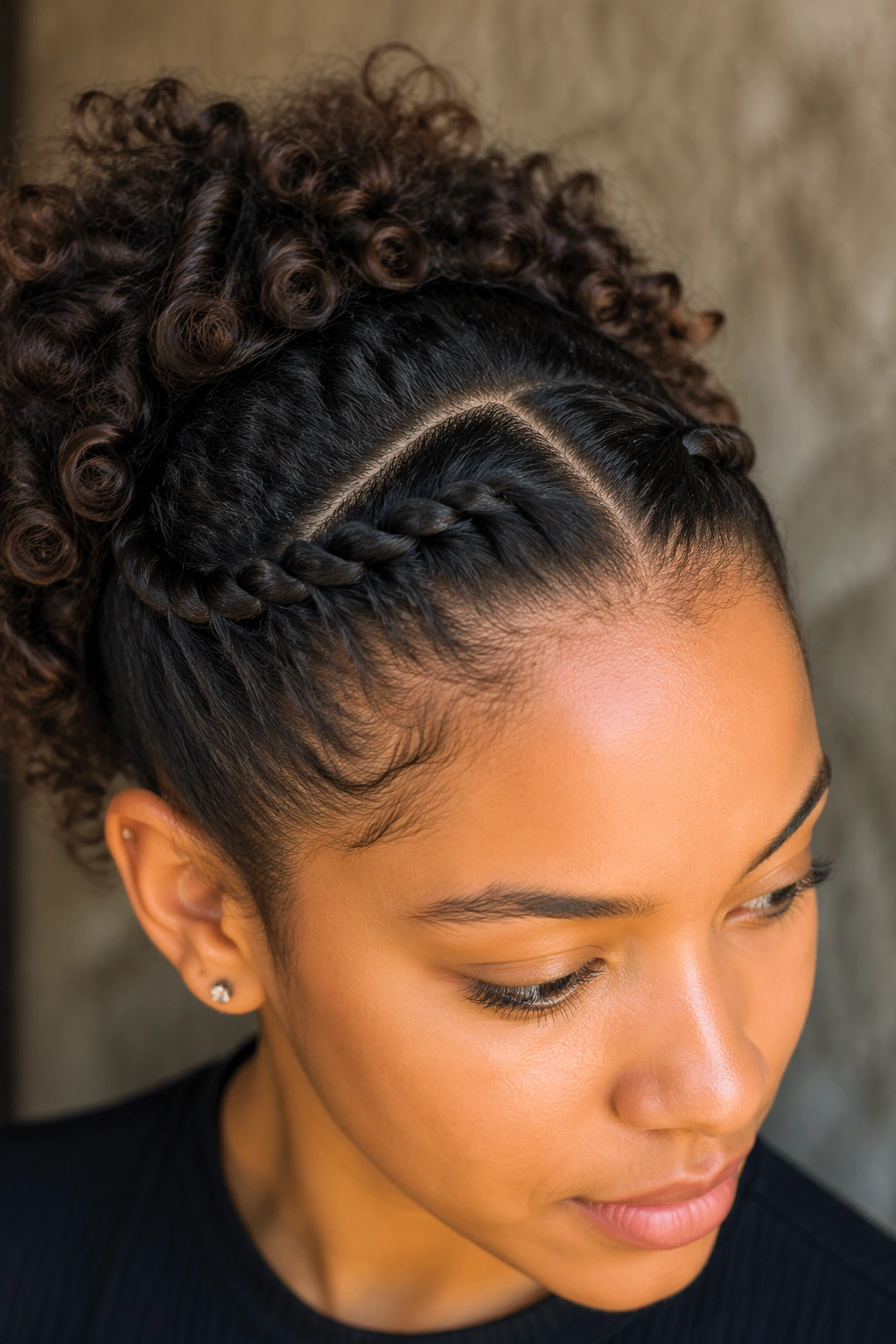 Real woman with a flat twist crown across the hairline