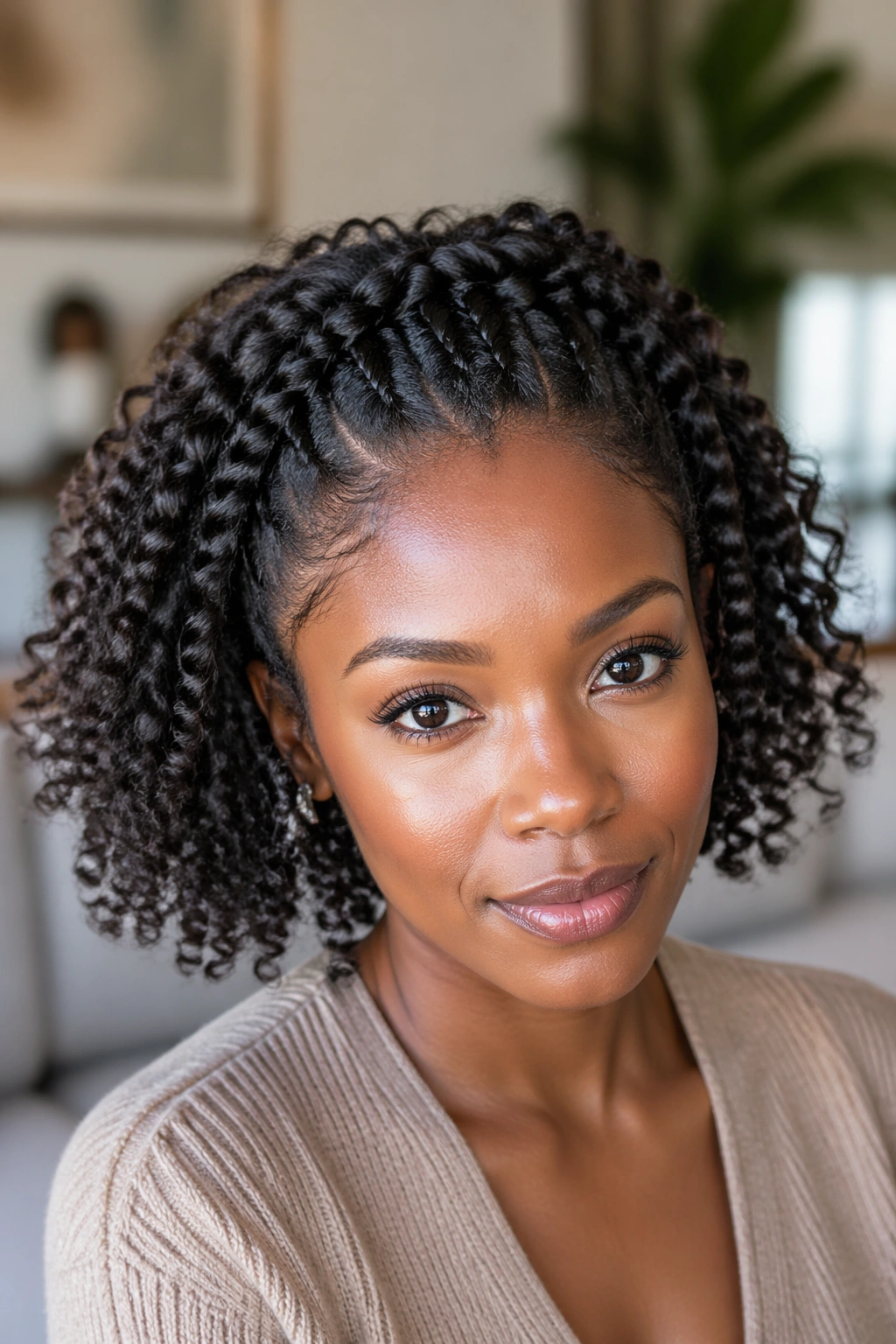 Portrait of a woman with a flat-twist crown and loose ends