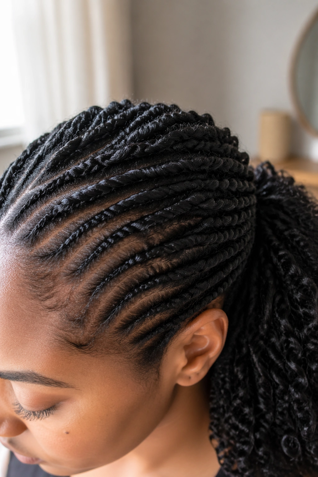 Close-up flat-twist crown mid ponytail showing crown twists and mid-head ponytail.