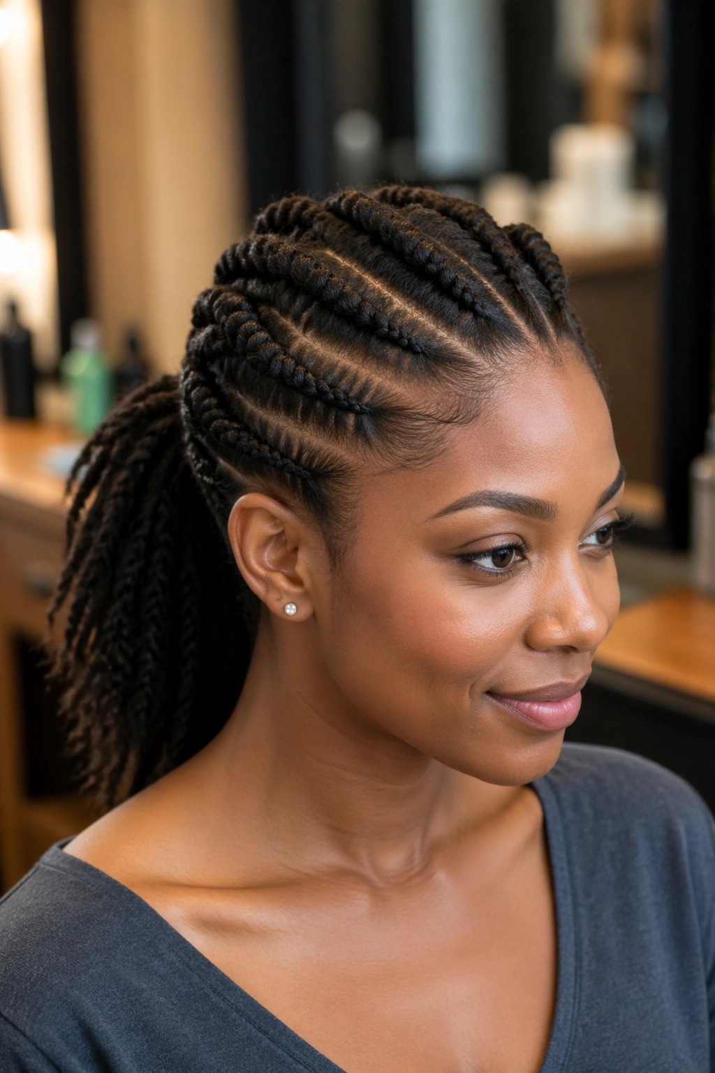 Close-up of a real woman with a flat-twist crown ponytail in a softly lit salon