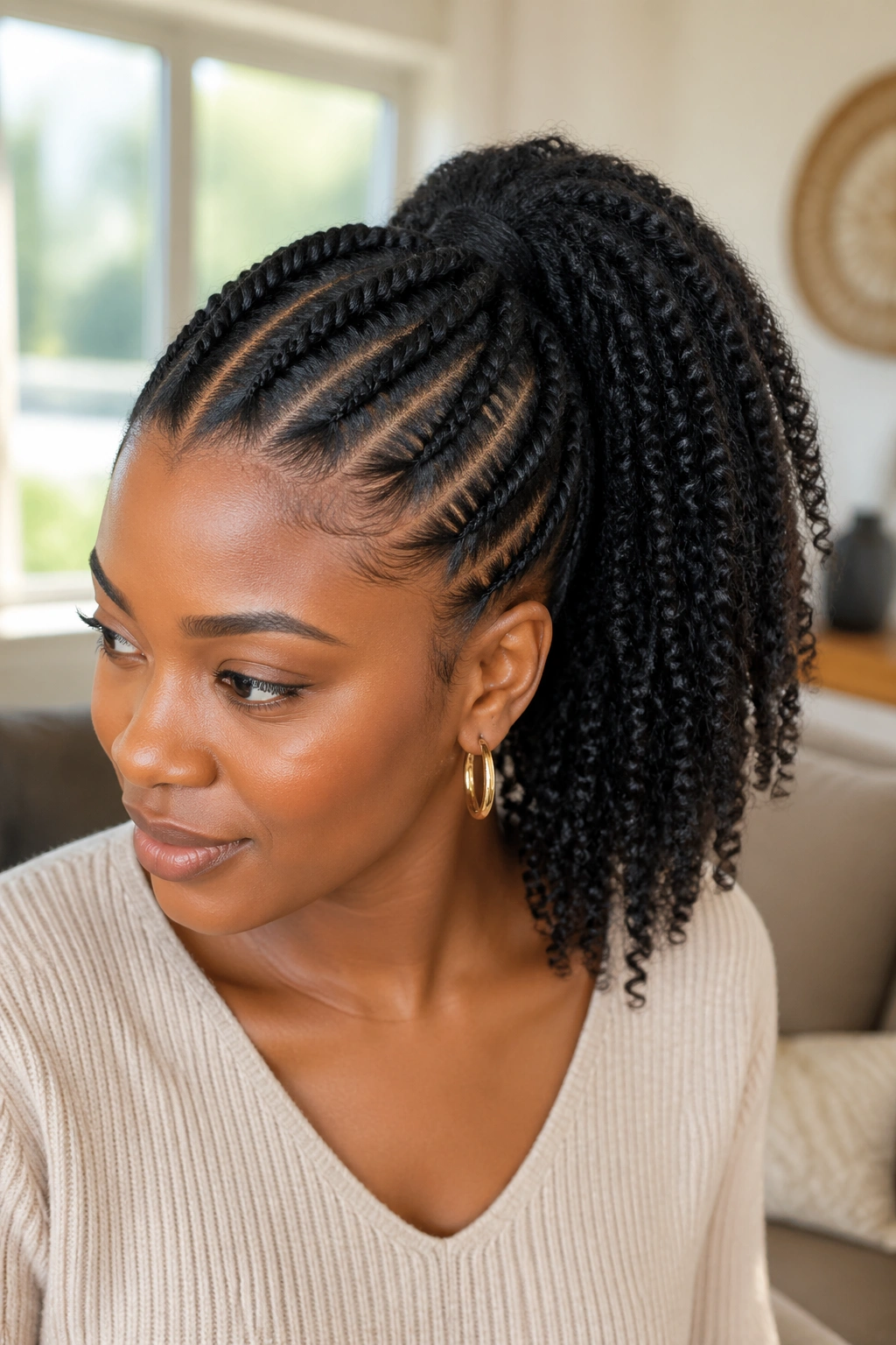 Close-up of flat-twist crown high ponytail on a real woman with crown twists