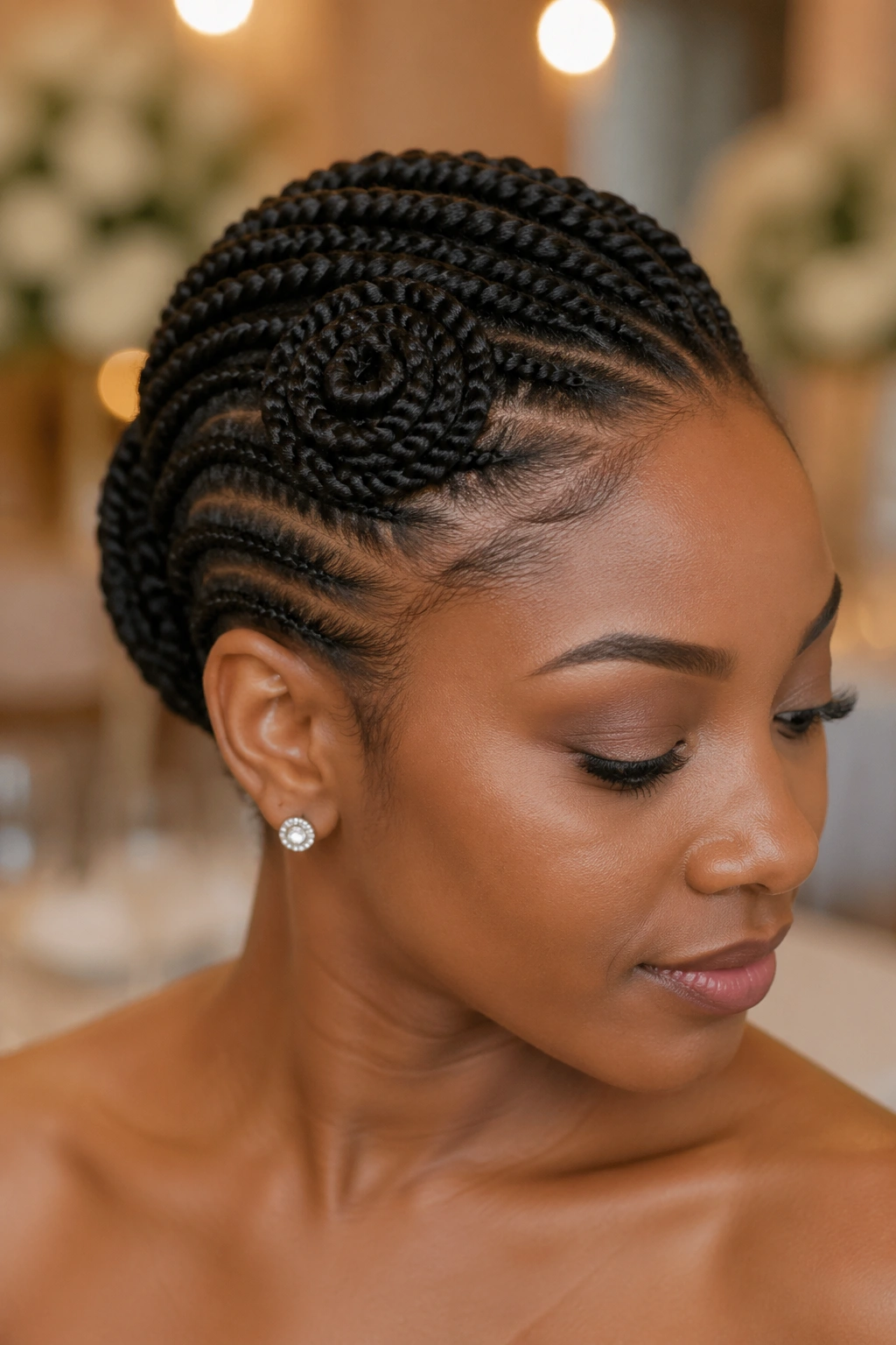 Close-up of flat twist crown with a rosette on a real person
