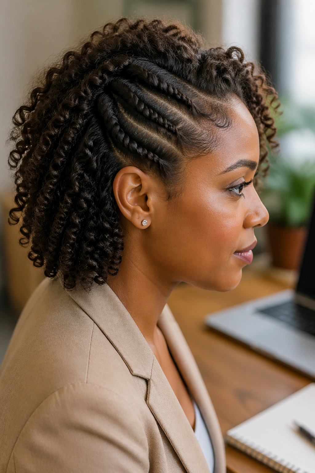 Close-up of flat-twist crown on short curly hair in an office setting.