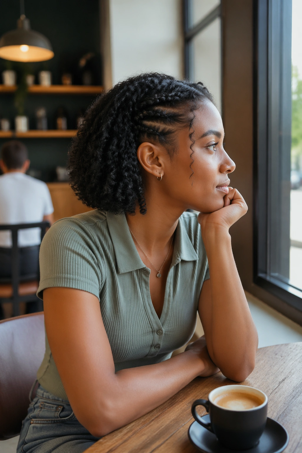 Cafe scene showing flat-twist crown with open ends on short curls
