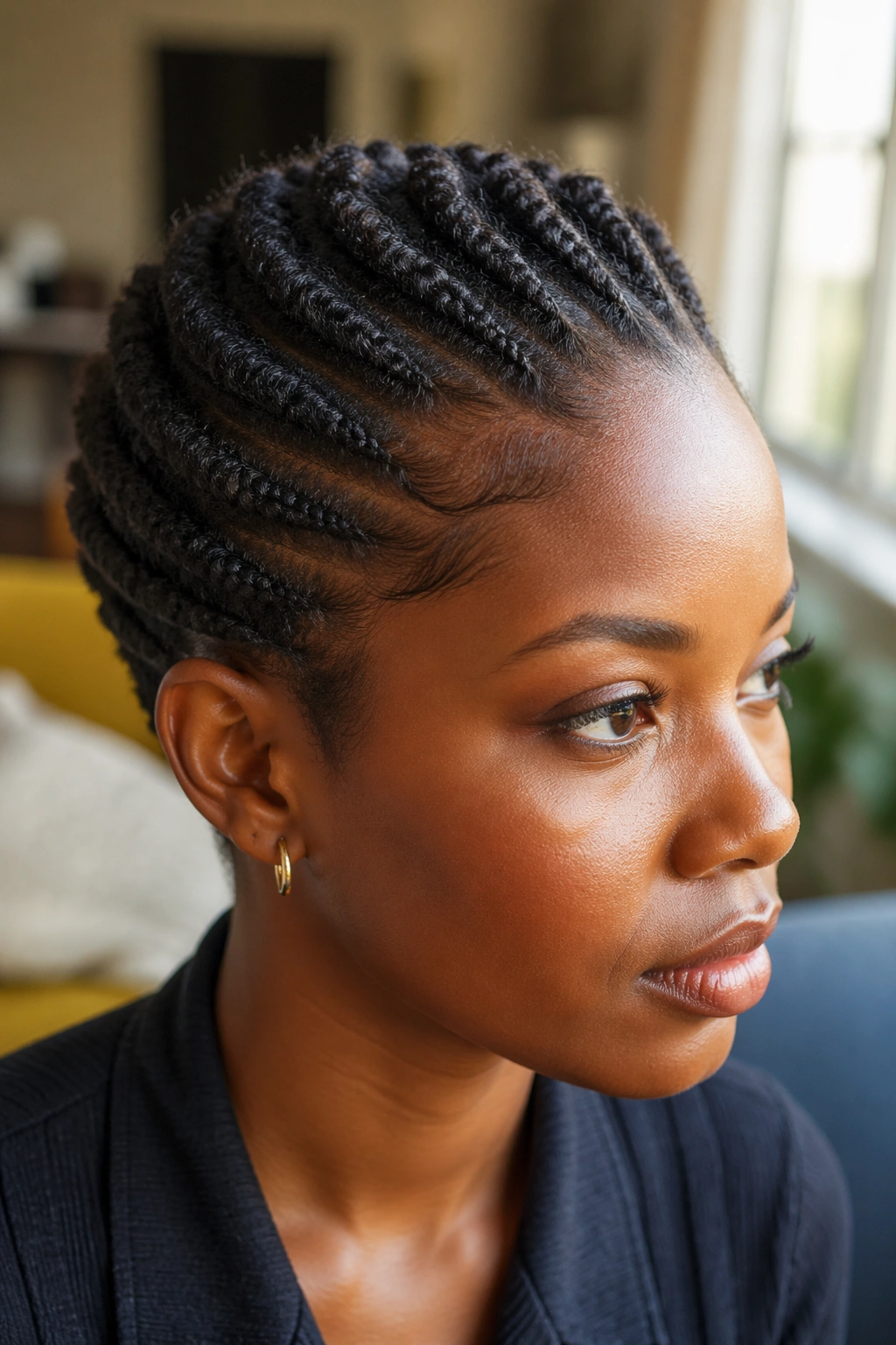 Close-up of a real person with a flat twist crown on short natural hair