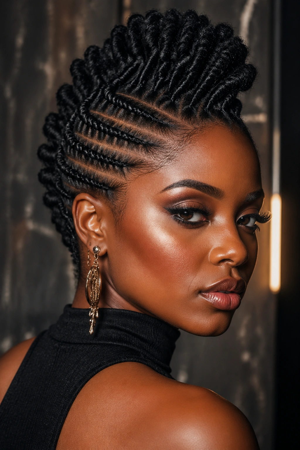 Close-up of a real person with a flat twist fauxhawk