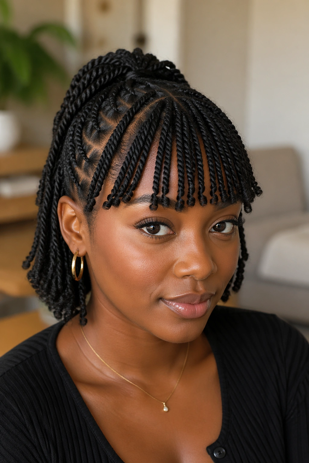 Close-up of a Black woman with flat-twist half-up and defined bangs