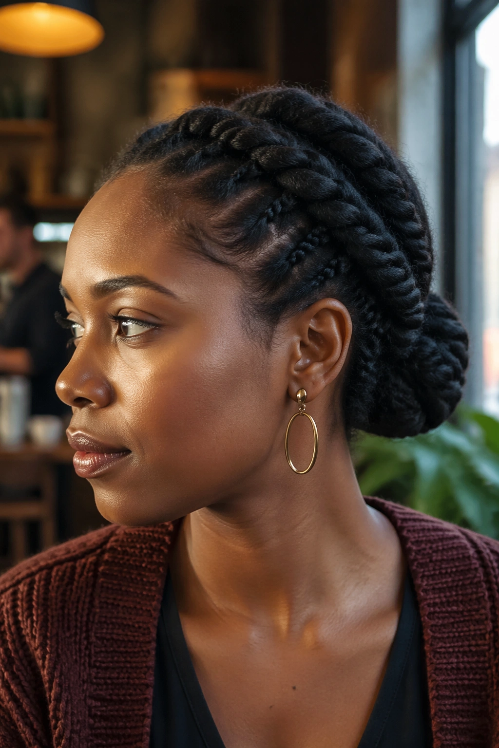 Close-up portrait of a real woman with flat twists creating a halo and a low bun at the back.