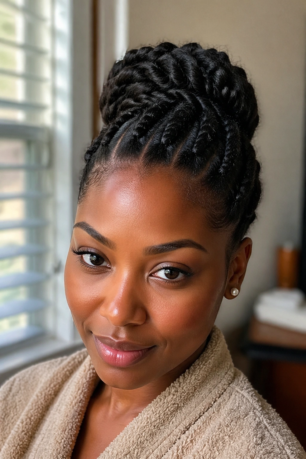 Close-up portrait of a real Black woman with flat twist halo bun