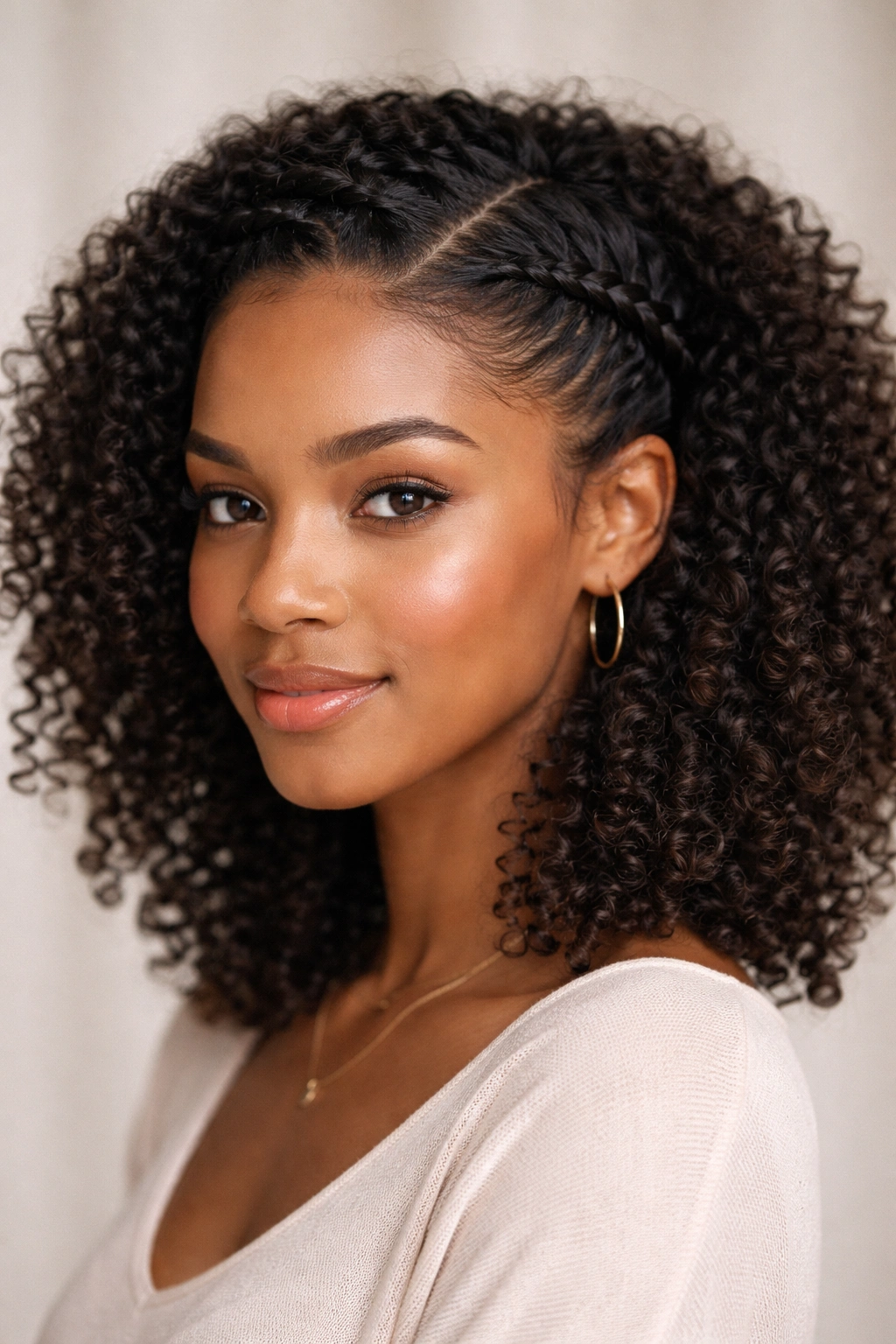 Close-up of thick curly hair styled into a flat-twist halo around the hairline