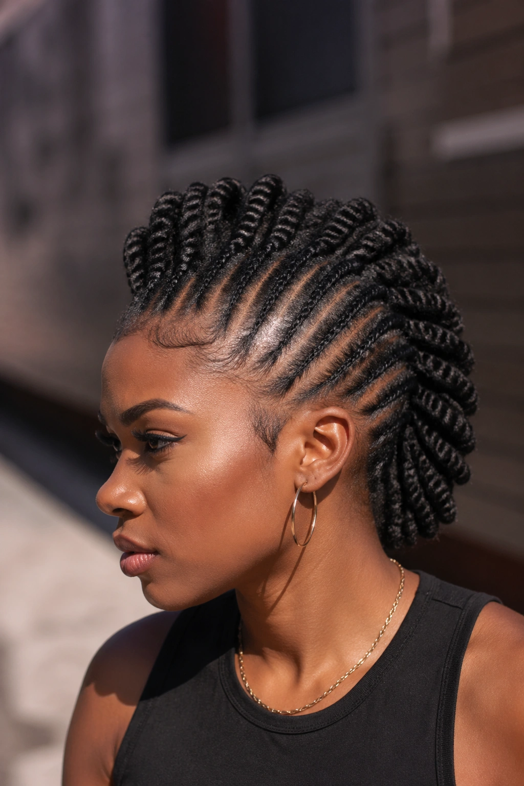 Portrait of a real woman with a flat twist mohawk