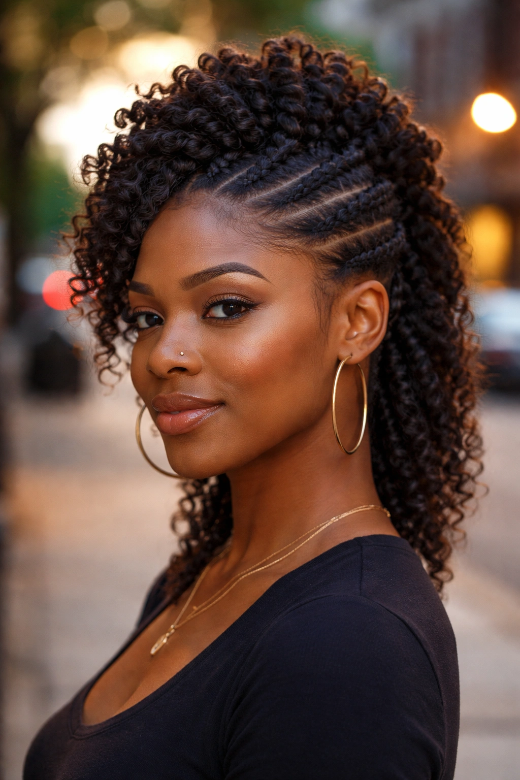 Real woman with flat twist mohawk illusion and shaved-sides vibe