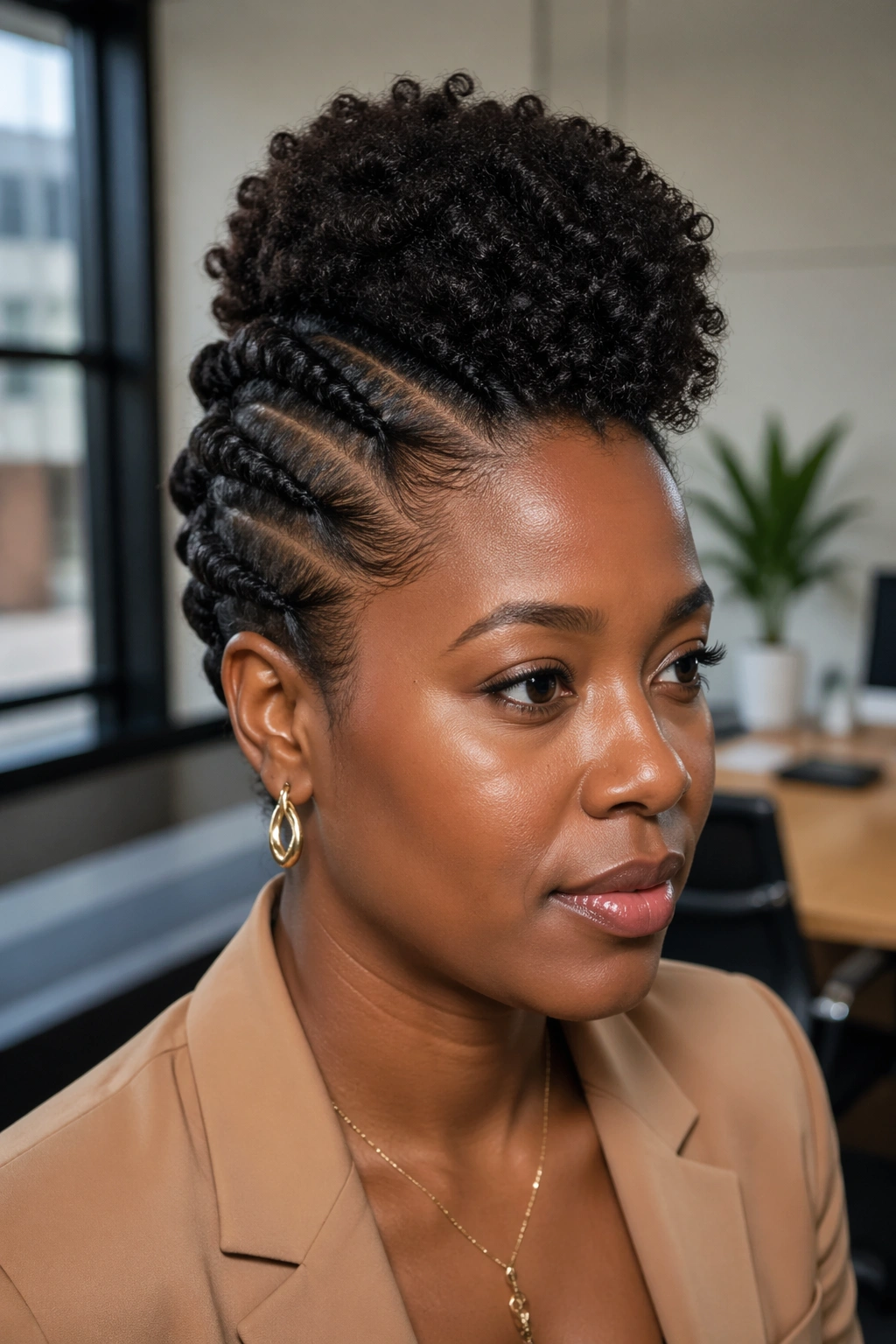 Close-up portrait of a real woman with a center flat-twist mohawk and crown puff for a professional work look