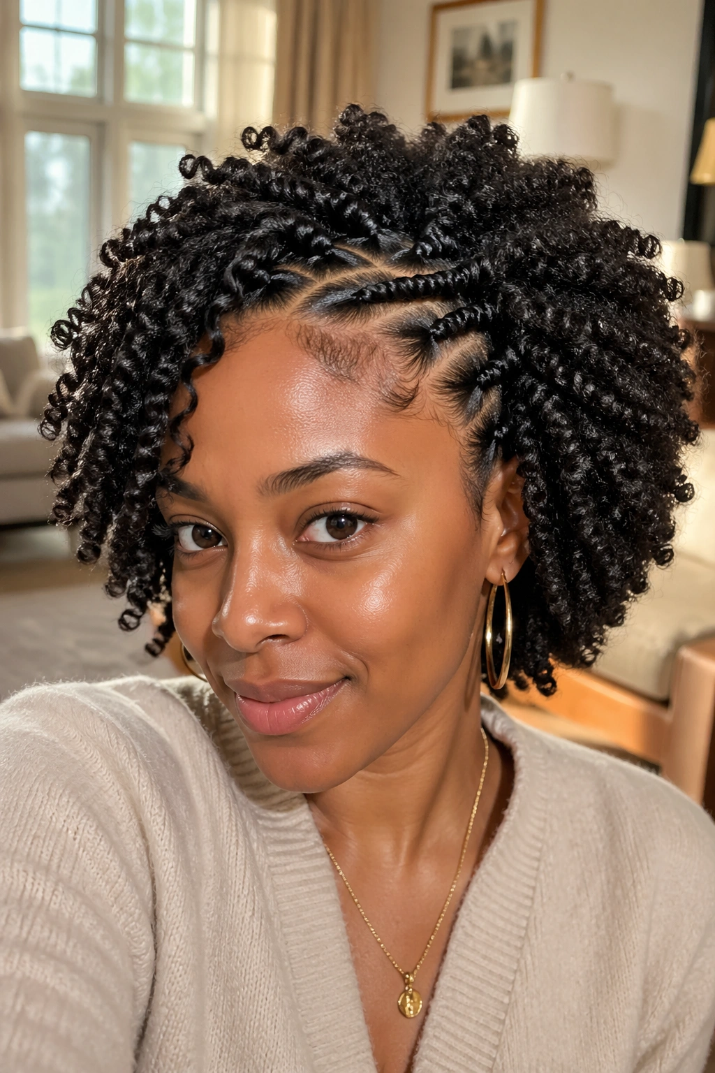 Portrait of a real woman with a flat twist-out hairstyle in a sunlit living room.