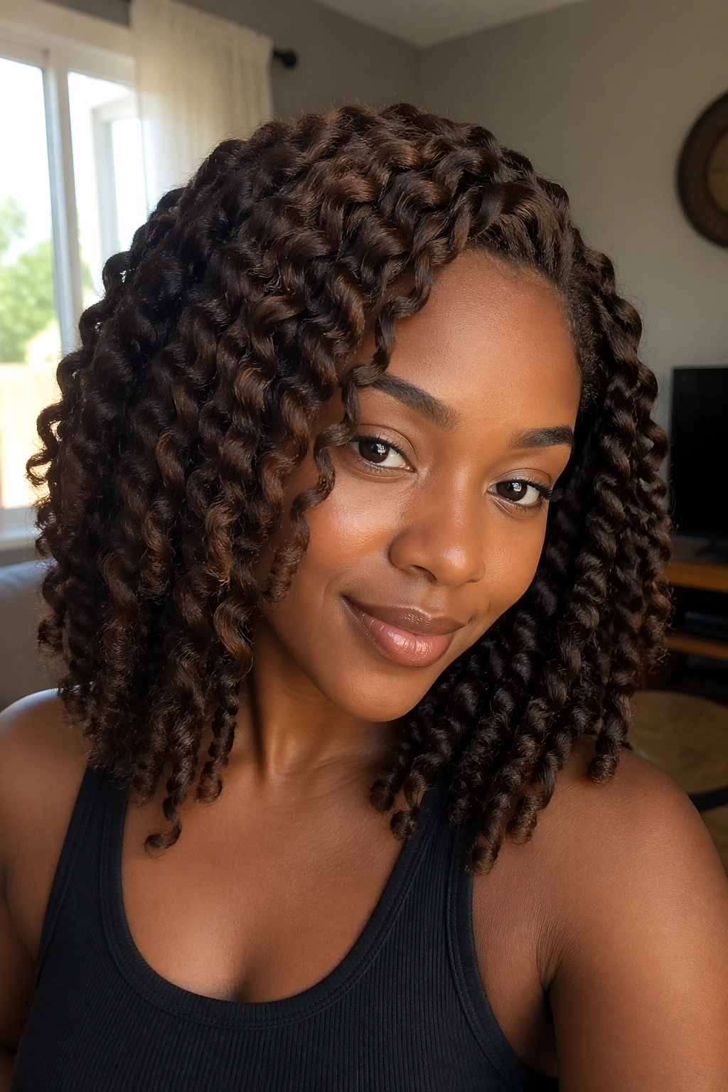 Close-up of a woman with a chocolate brown flat twist-out in soft window light