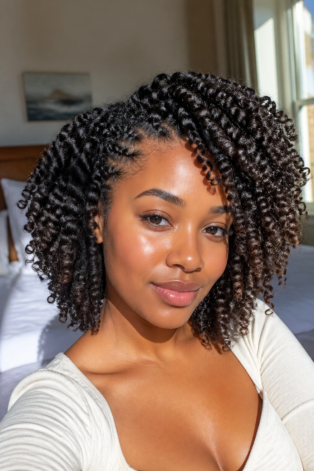 Real woman with flat twist out and defined curls frontal view in a sunlit bedroom