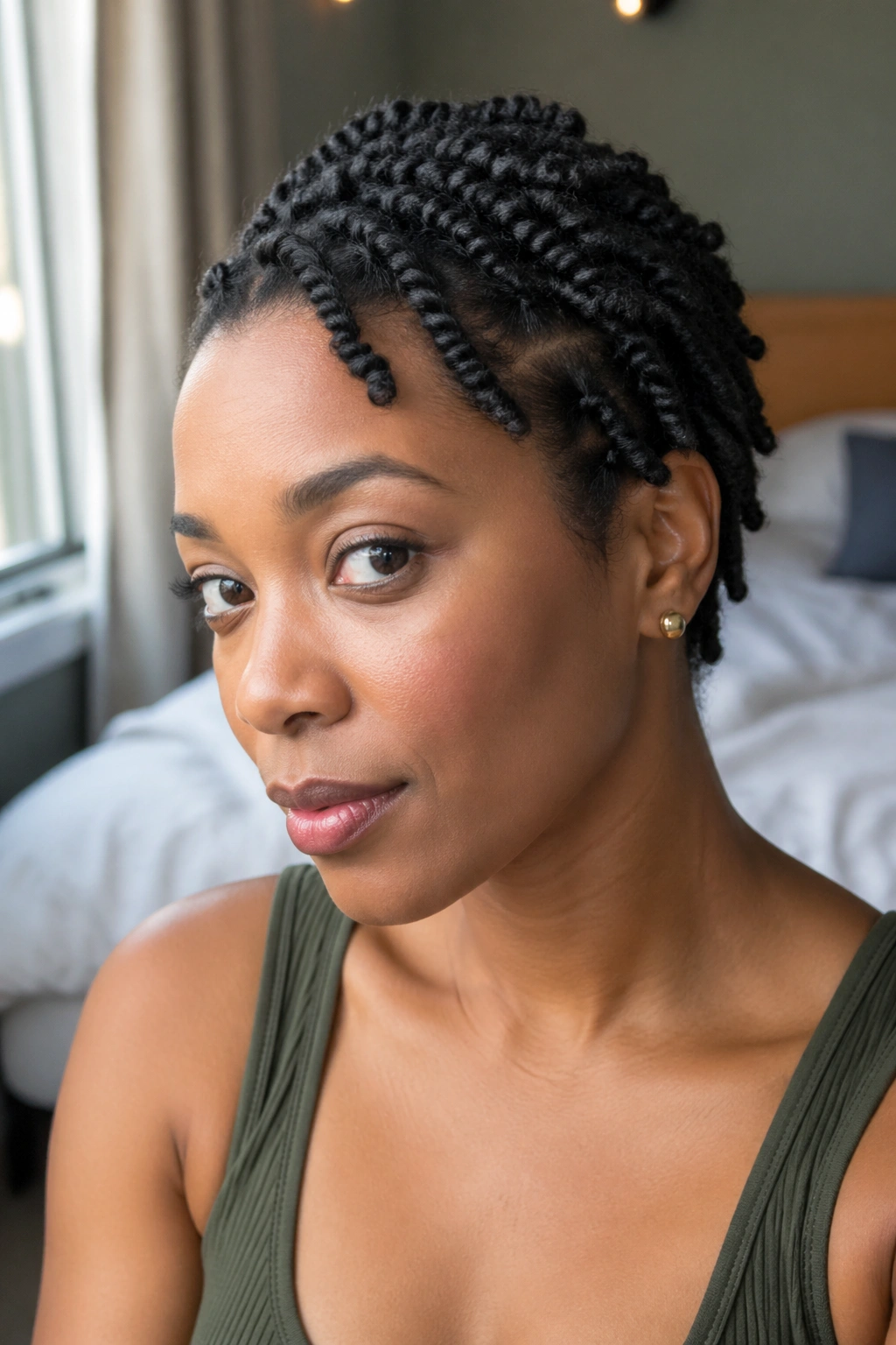 Close-up of a real woman showing flat twist out on short hair
