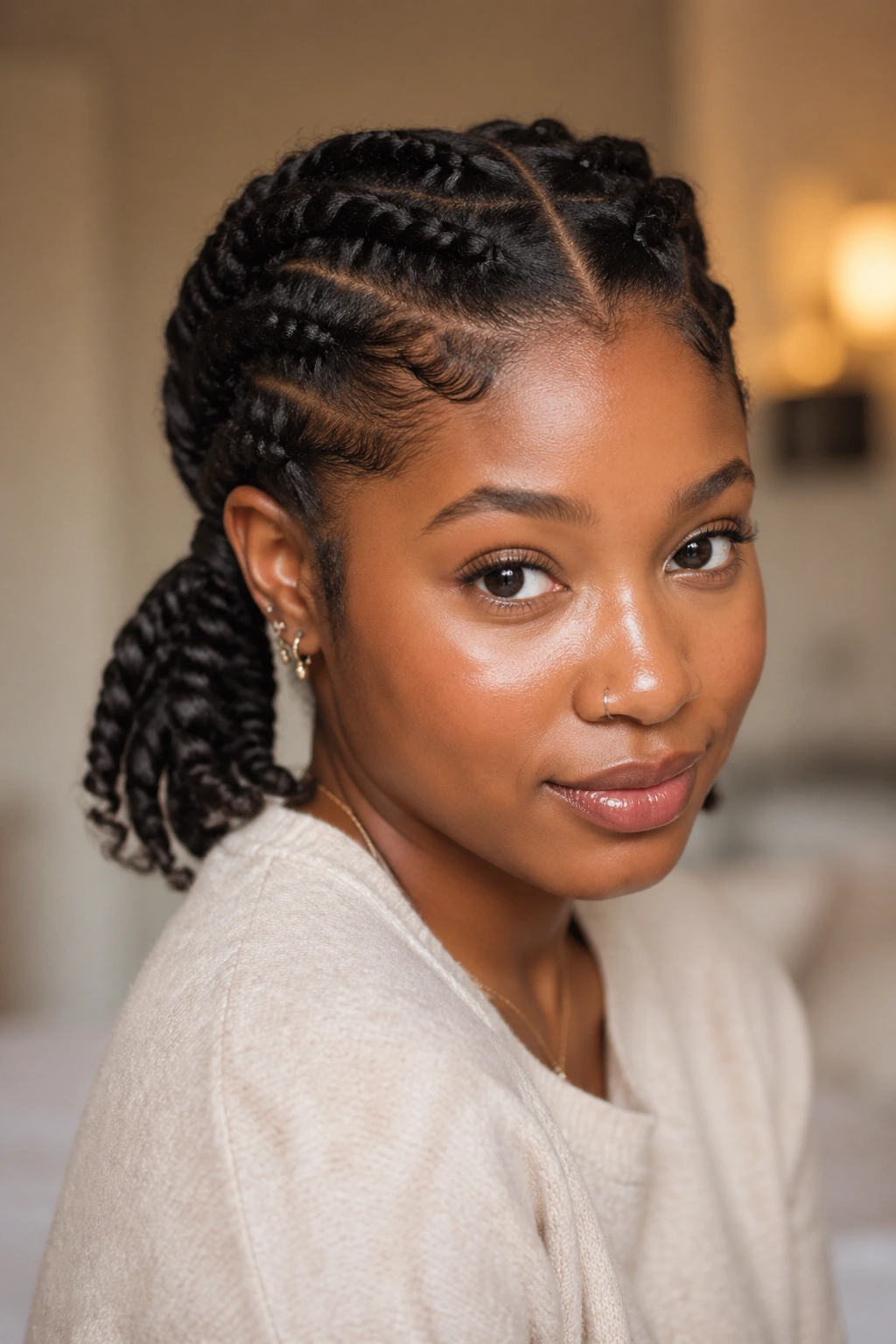 Close-up of a real person with flat twist pigtails behind the ears.