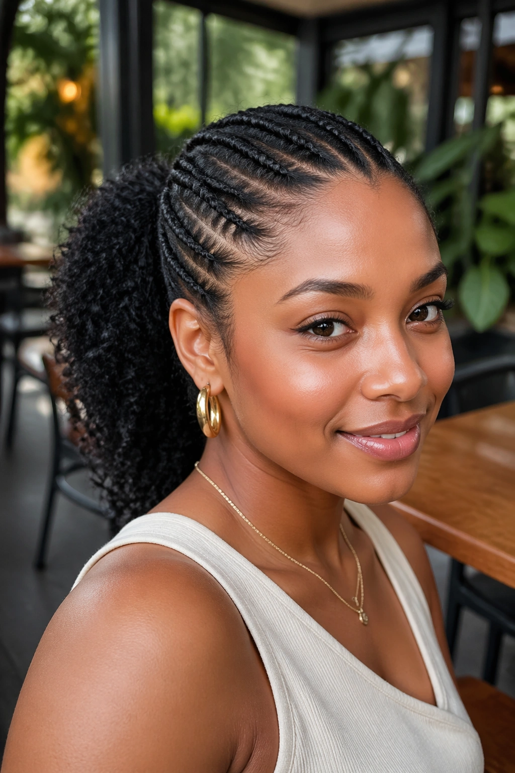 Front-facing portrait of a real woman with flat-twist ponytail outdoors