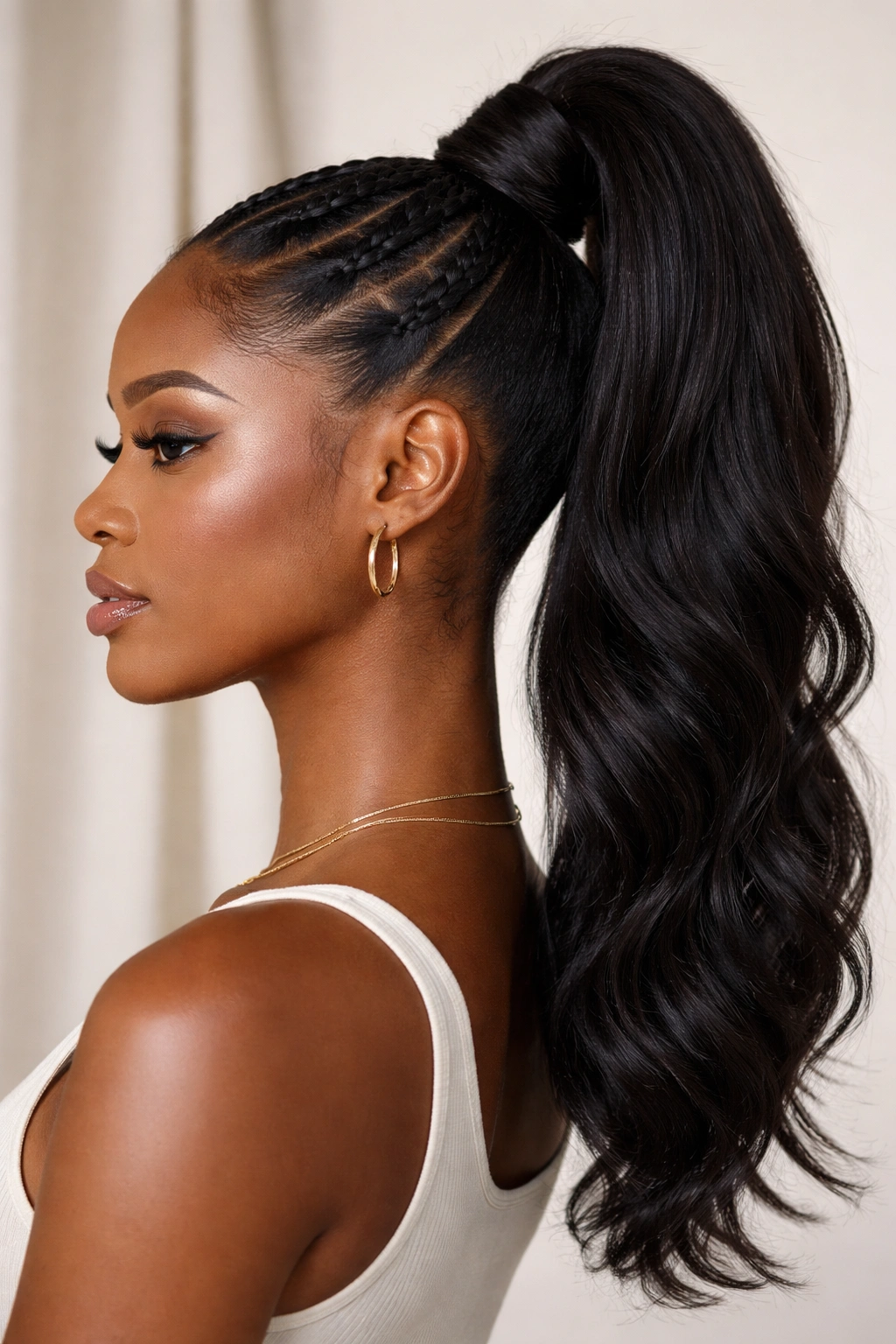 High ponytail with flat twists forming a rope-like base