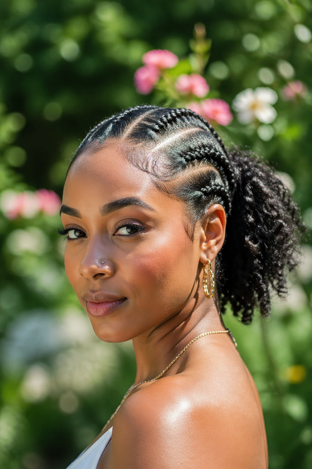Close-up of real woman with flat twists into a ponytail