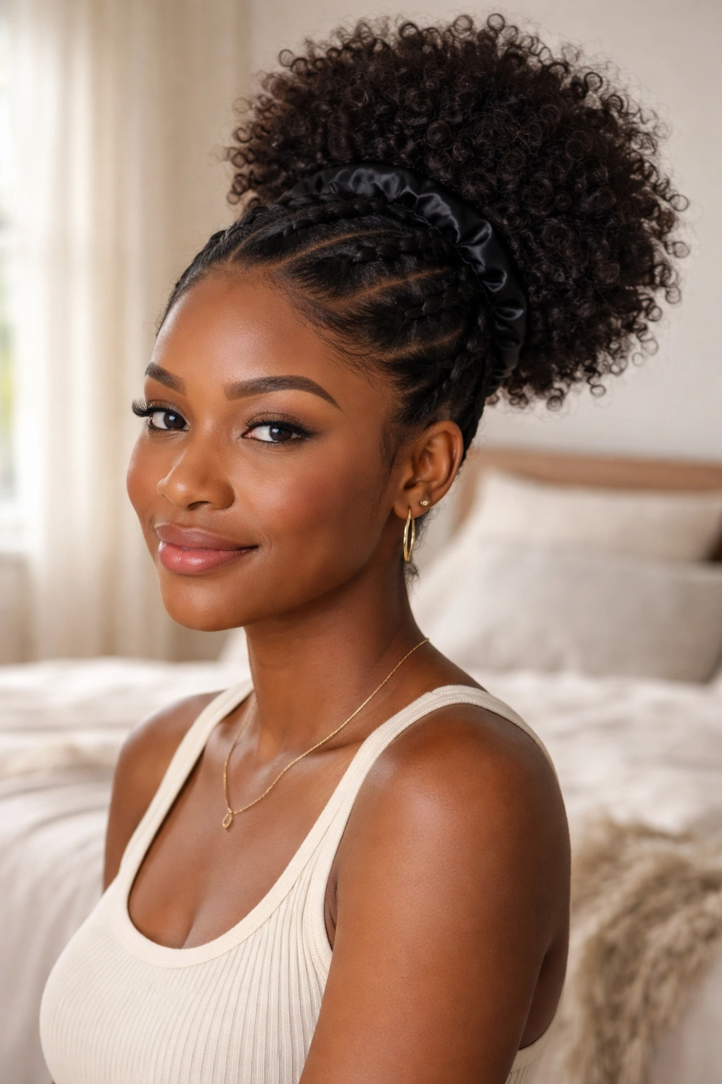 Woman with flat twists leading to a crown puff and satin scrunchie