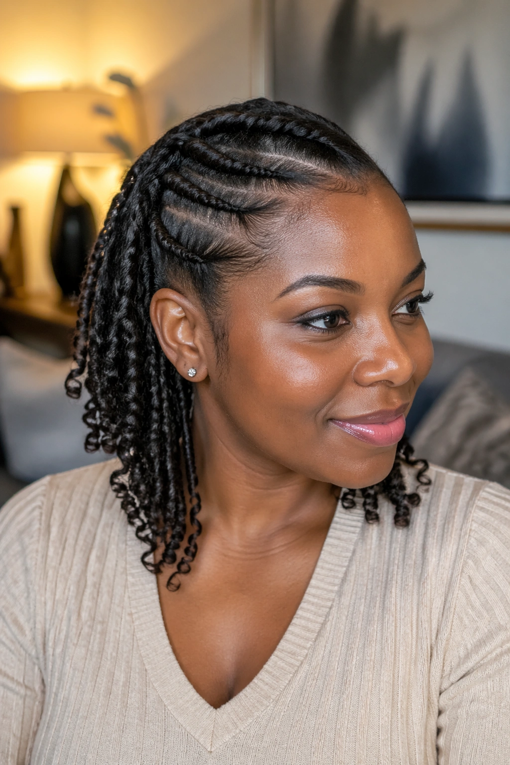 Flat-twist swoop with hanging curls on a real person