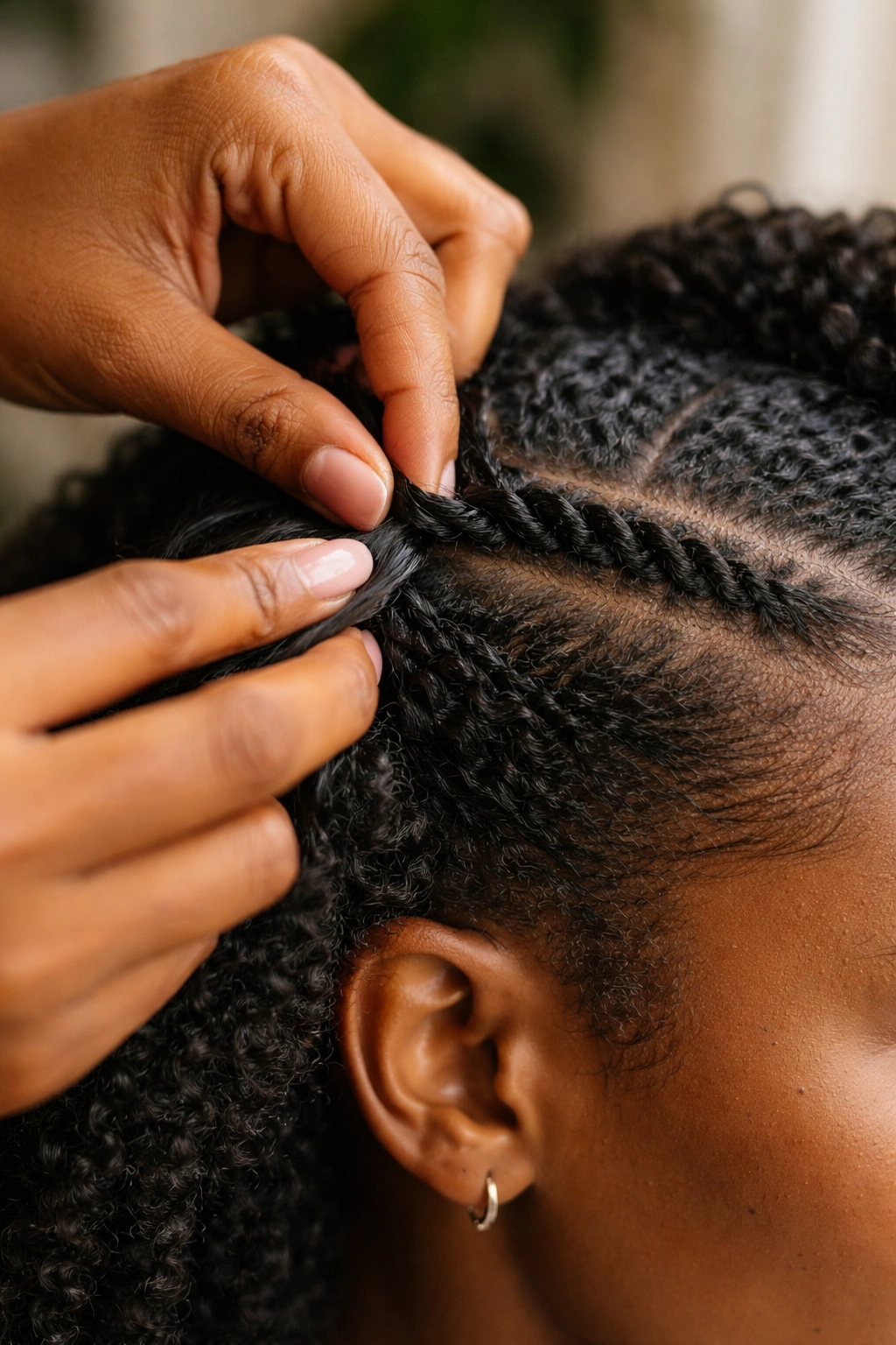 Hands and scalp performing the core flat-twist feed-in technique on a real person
