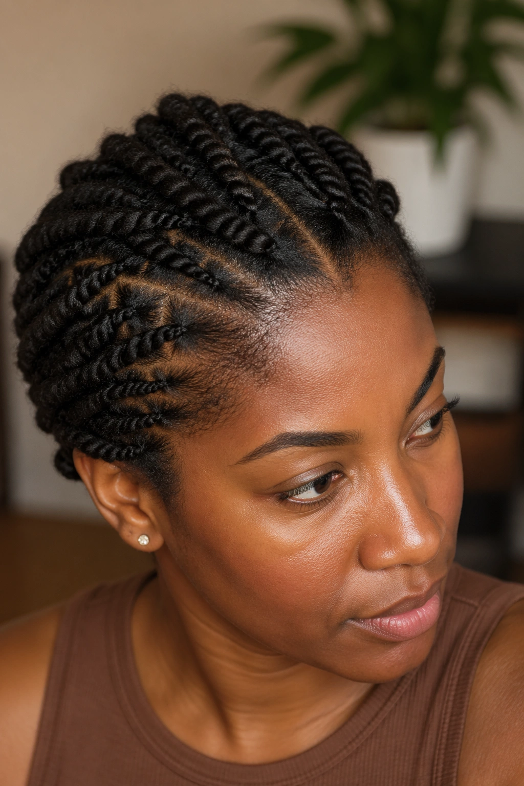 Real person with flat twist-out waves along the scalp.