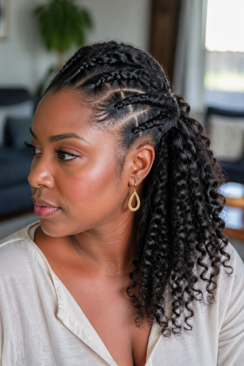 Real woman with flat twists and flowing curled ends