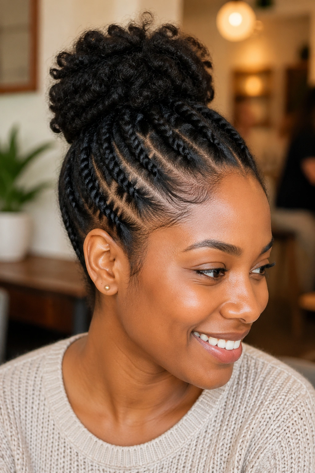 Close-up of a real woman with flat twists up to a top bun