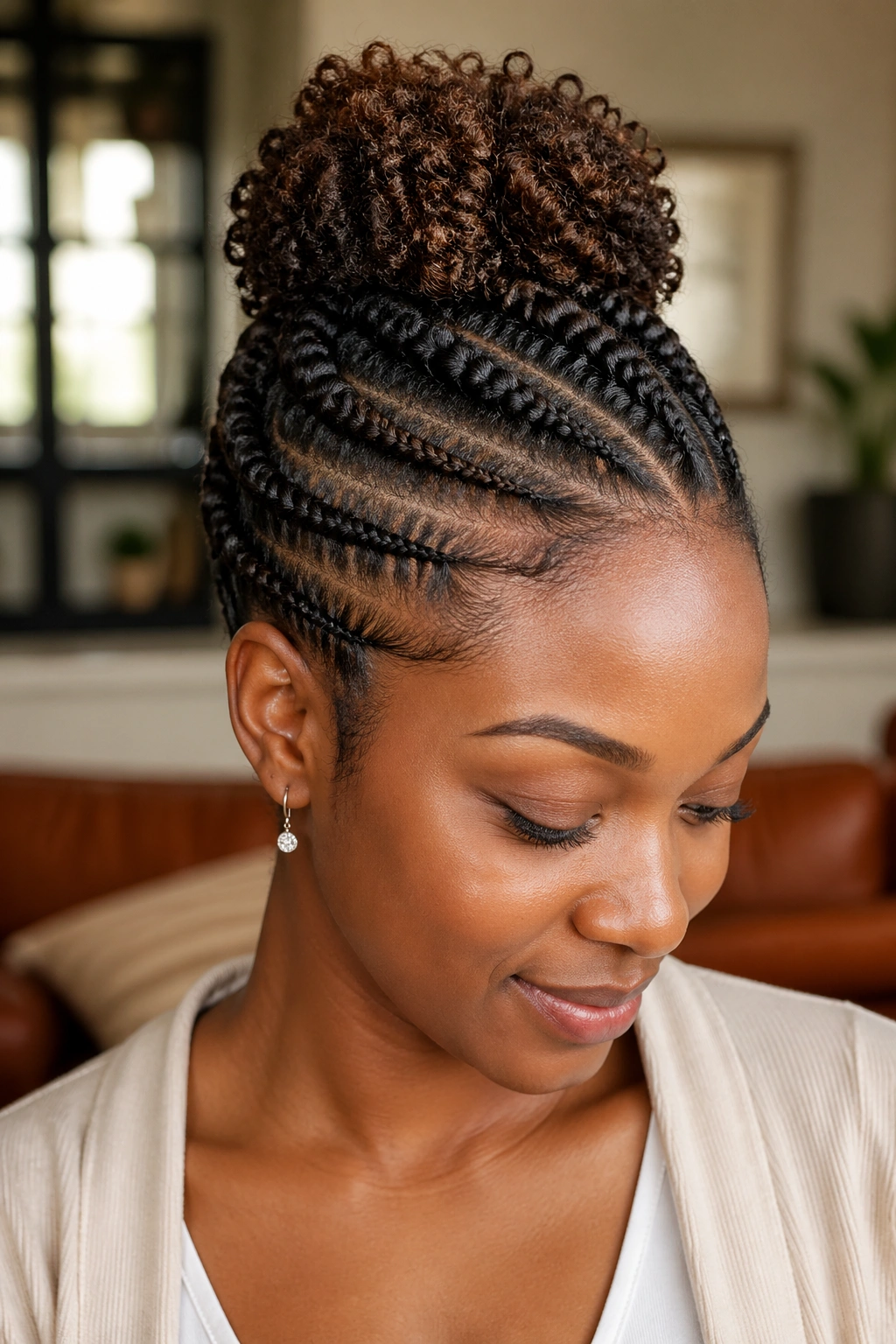 Portrait of a woman with flat twists styled into a crown-like updo