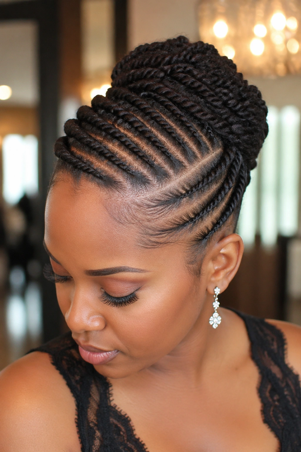 Close-up of a real woman with a deep side part and flat twist updo