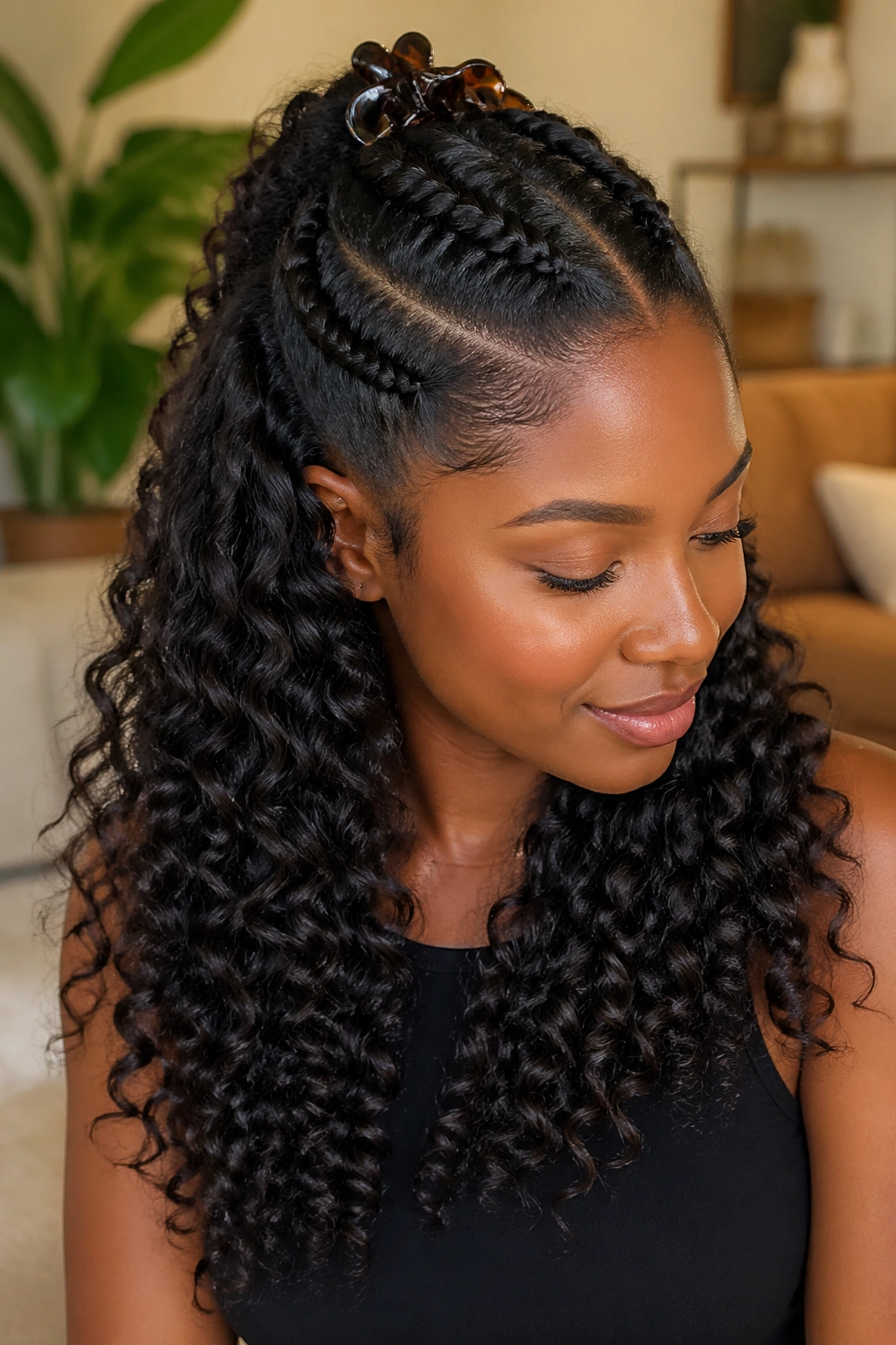 Close-up of a real woman with flat twists on top and wand curls below, in warm natural light.