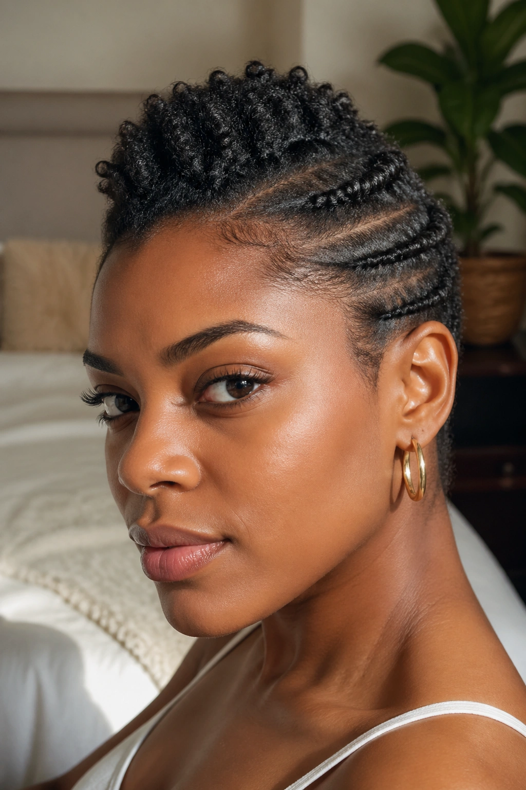 Close-up of a real person with flat twist mini mohawk on short hair