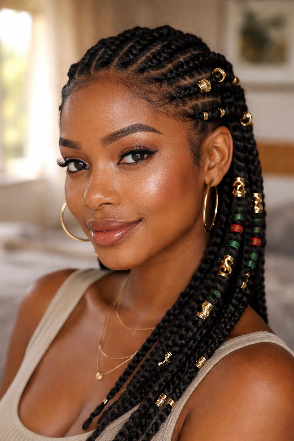 Close-up of a real woman with flat twists and hair accessories like cuffs and thread wraps