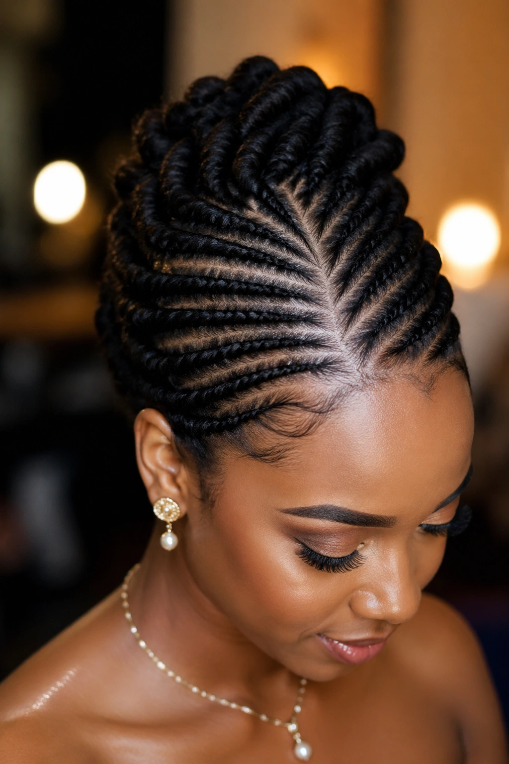 Flat twist updo showing exposed pattern on a real person
