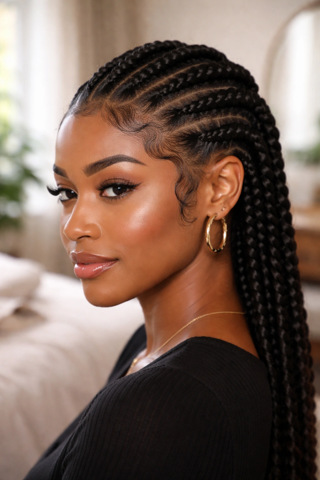 Close-up of a real woman with flat twists and highly styled baby hair edges