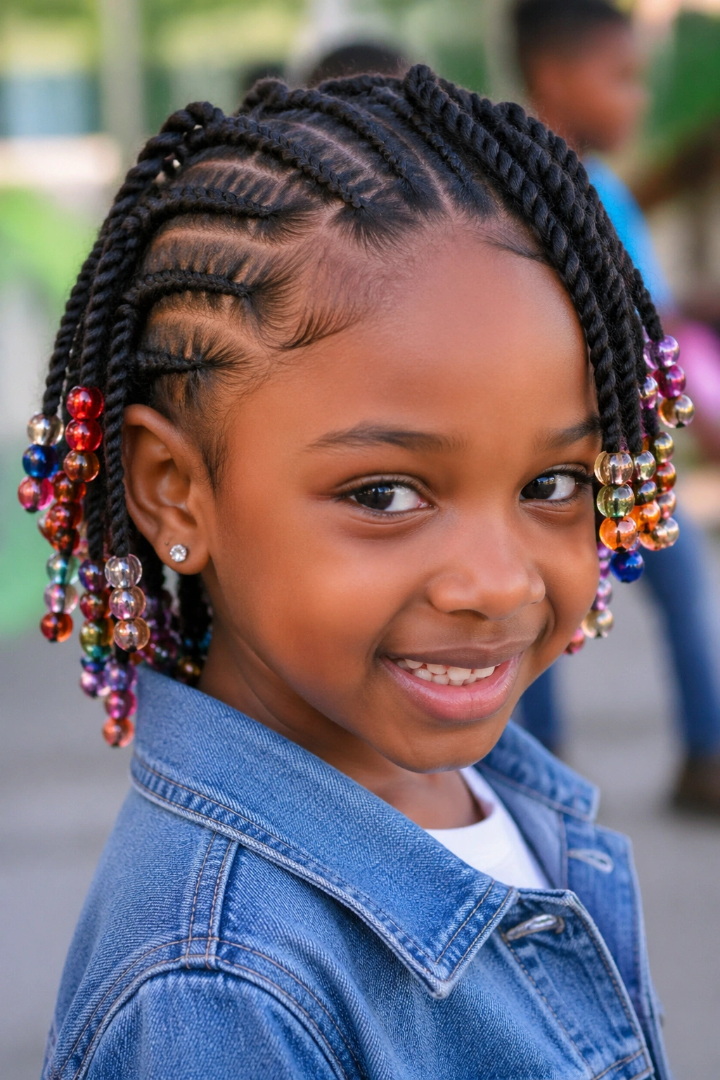 Close-up of flat twists with beads at the ends