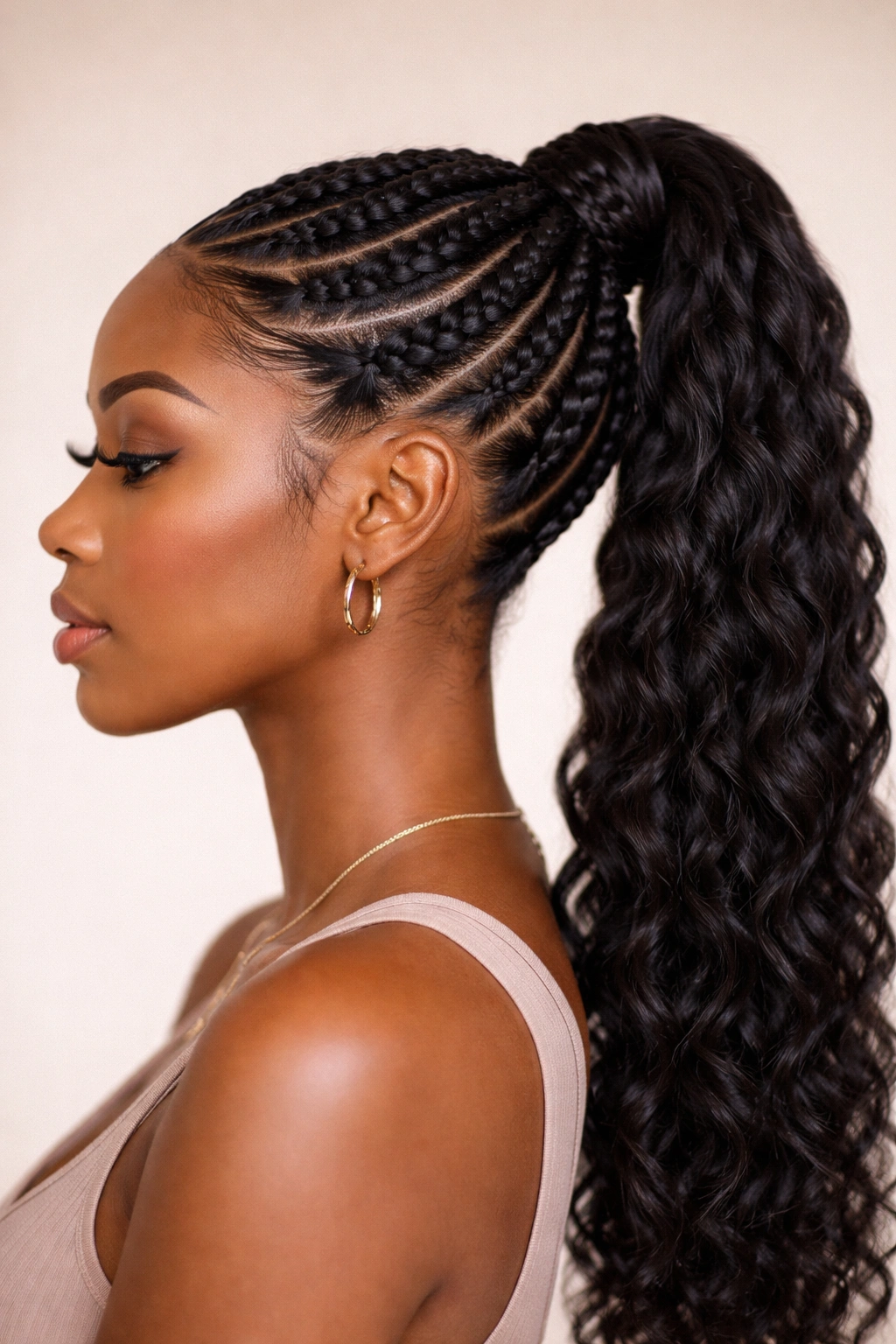 Braided ponytail with flat twists forming a rope-like texture into a high ponytail.