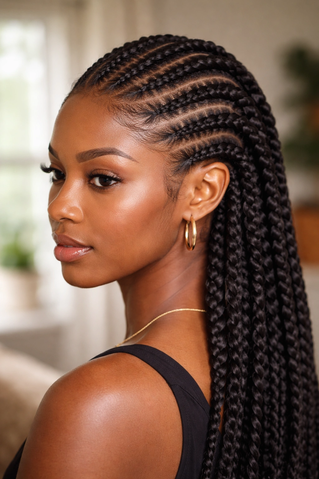 Close-up of a real woman with flat twists and braids in alternating rows, woven scalp texture