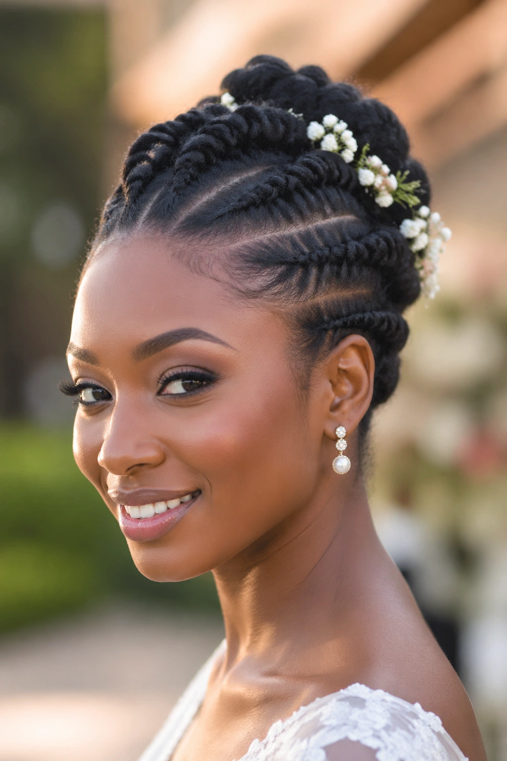 Close-up of a real bride with flat twists and floral accents in her hair