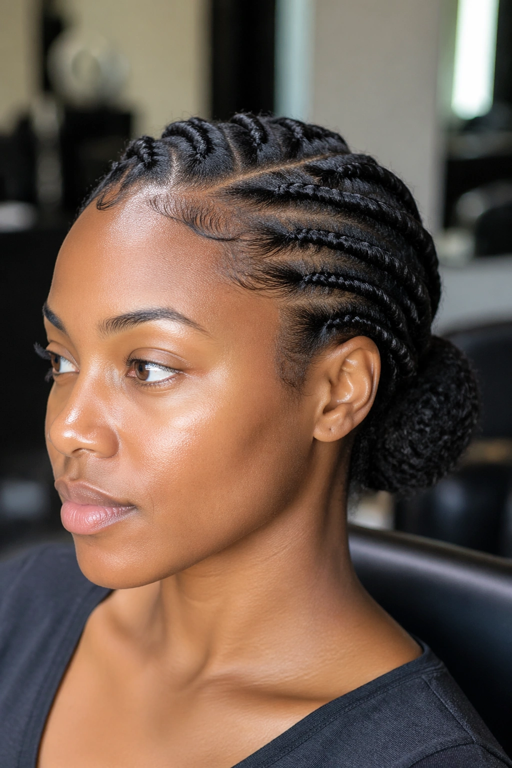 Close-up of flat twists forming a low bun on a real Black woman's head