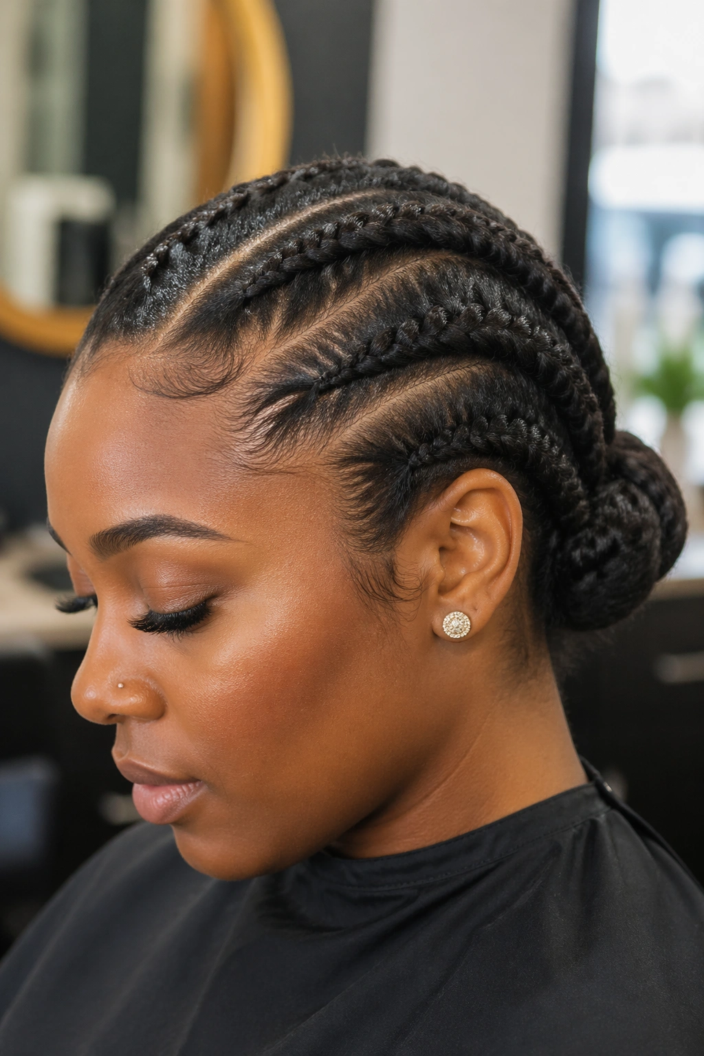 Close-up portrait of a real Black woman with flat twists into a low bun