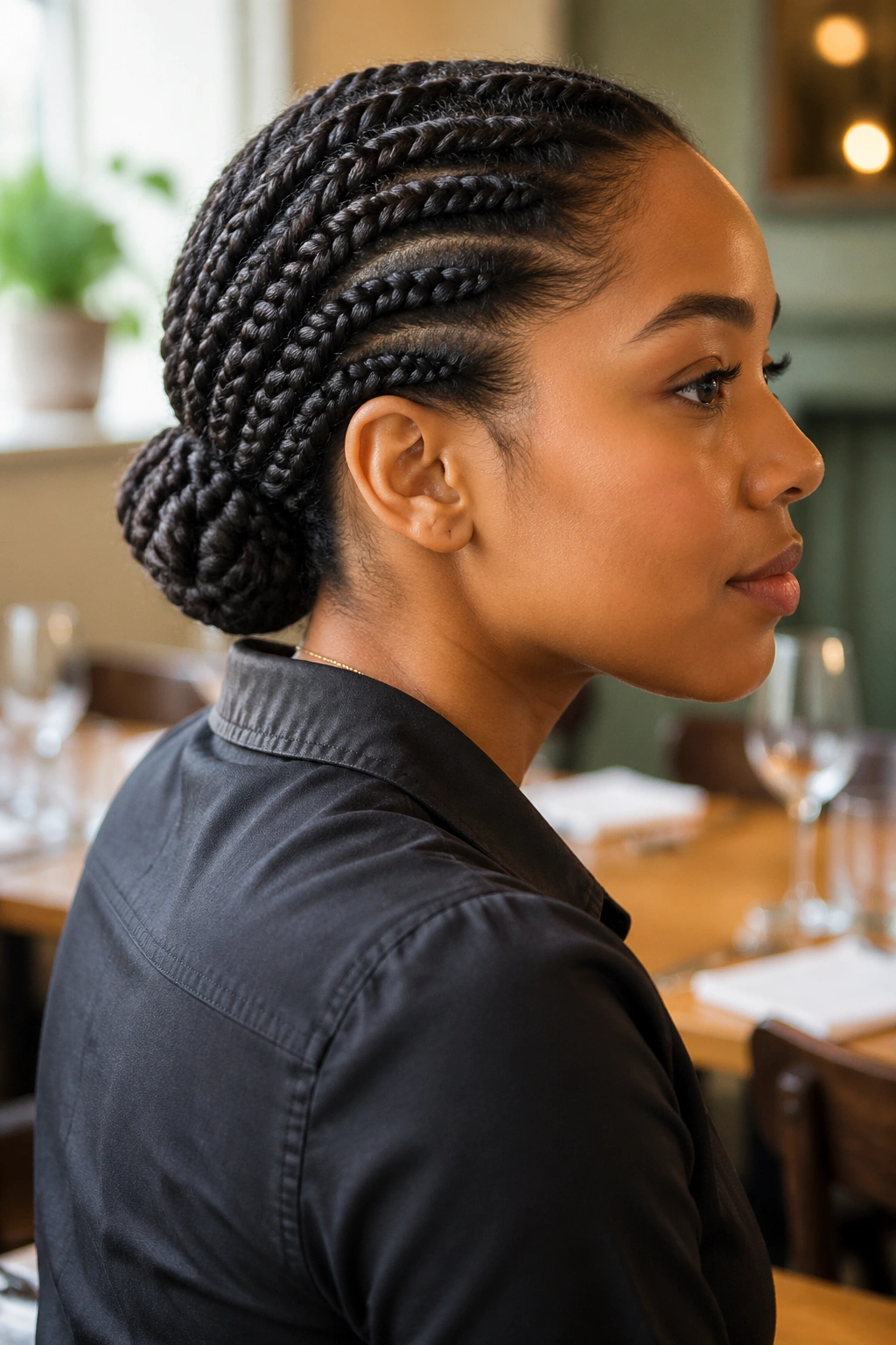 Close-up of a real woman with flat twists forming a sleek low chignon at the nape