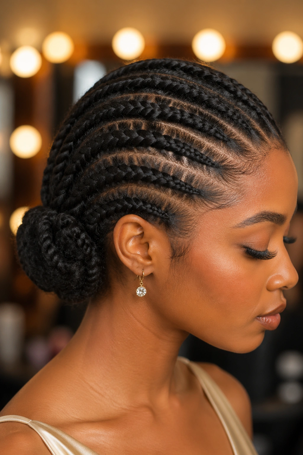 Close-up of stacked flat twists pinned into a chignon on a real woman in a backstage setting.