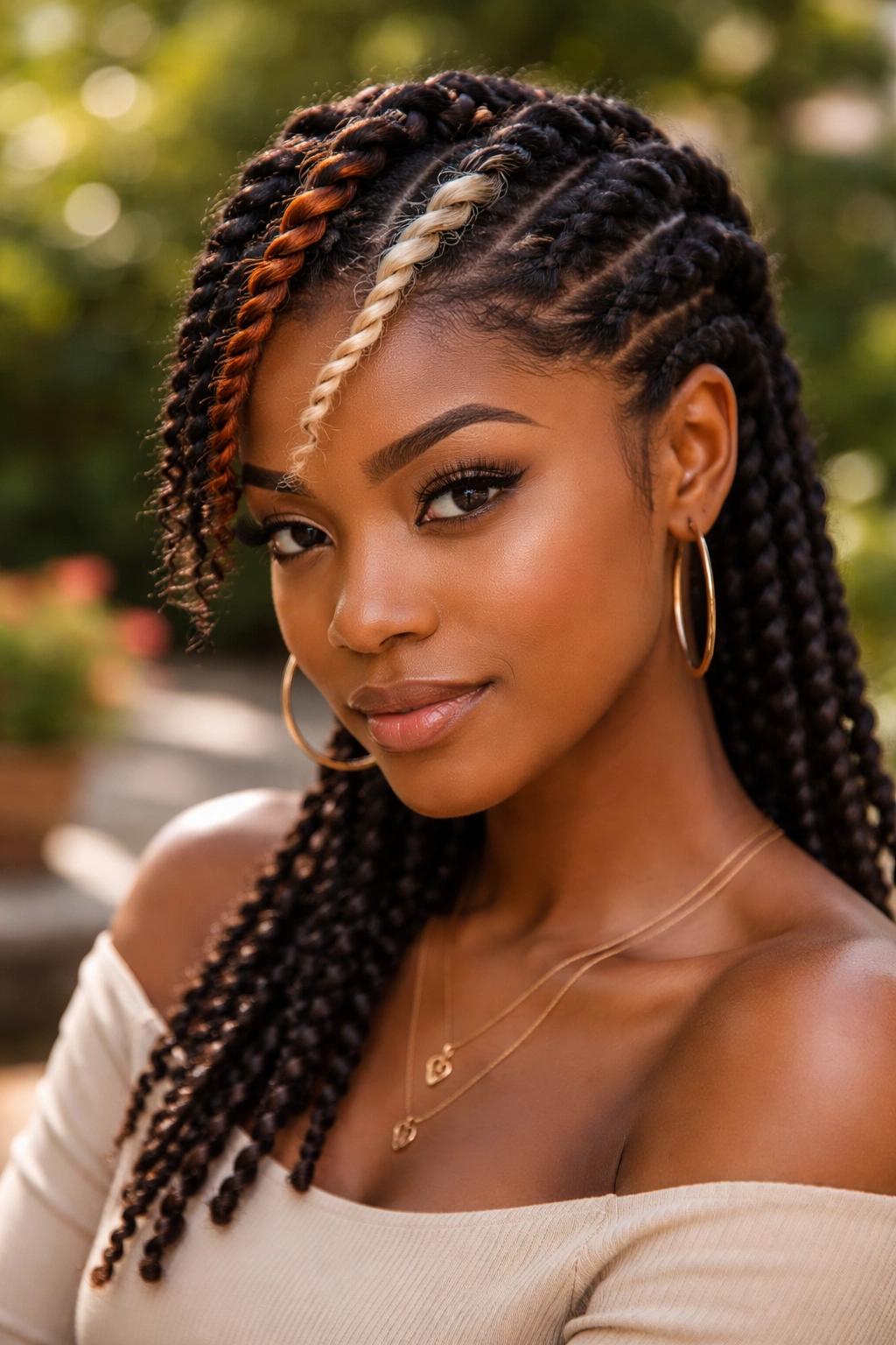Close-up of a real woman with copper and blonde color streaks in flat twists
